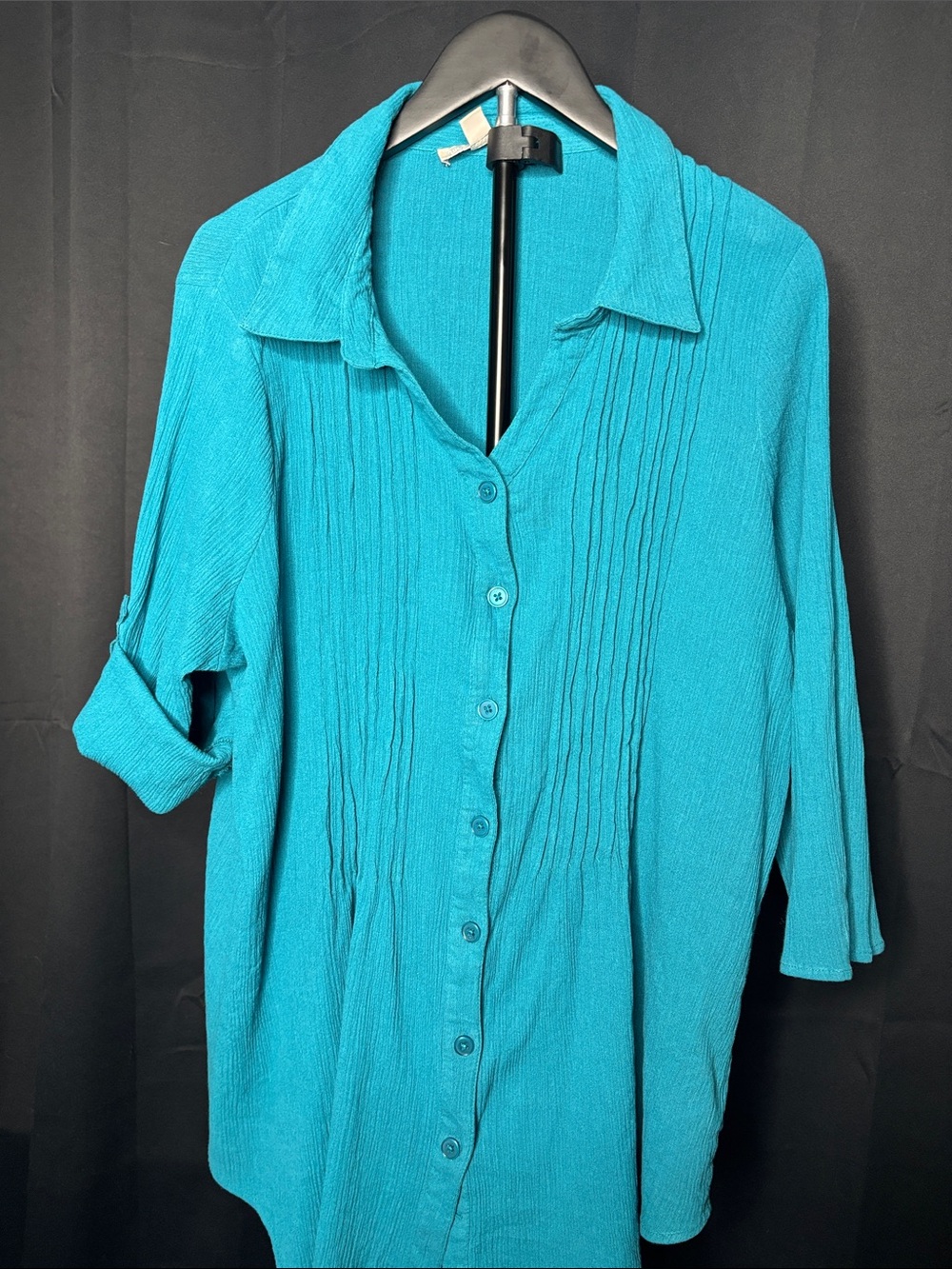 Woman Within Teal Button-Front Pintuck Shirt